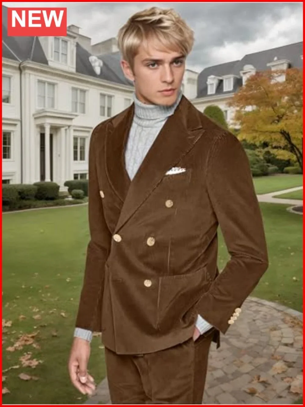 Men's 2 Piece Corduroy Suit Set Double Breasted Tuxedo Jacket & Pants